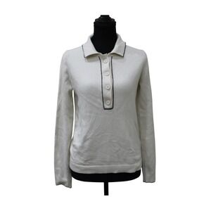 Max Studio London Polo Sweater Women Medium Ivory Navy Trim Old Money Minimalist
